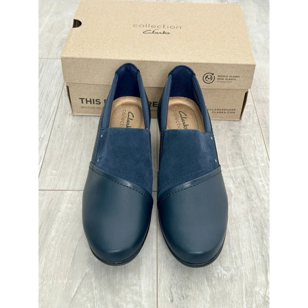 Clarks Navy Blue Leather & Suede Low Heel Loafers